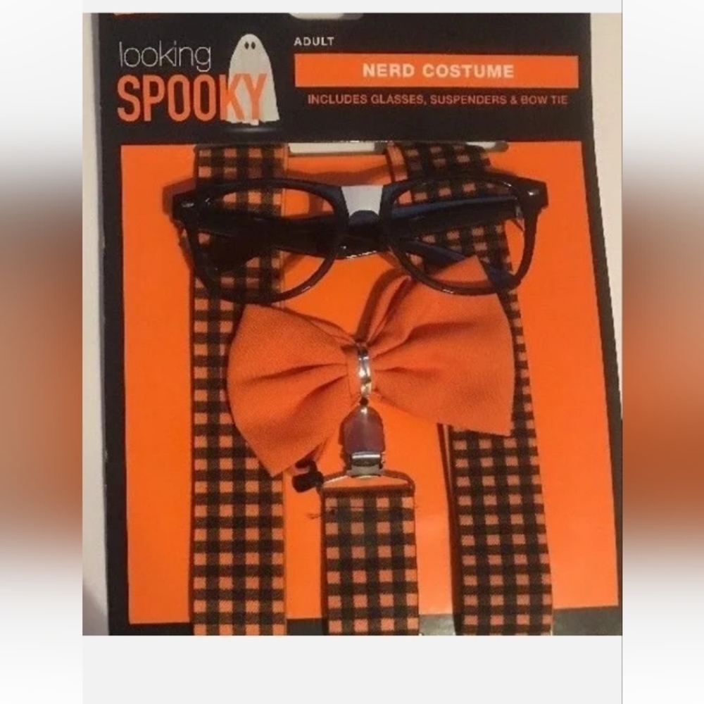 ADULT Nerd Costume Black Glasses, Suspenders, Bow Tie NEW